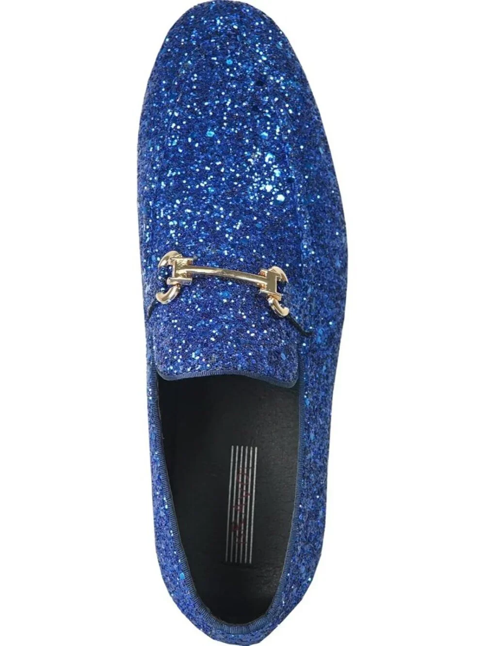 Men's Blue Glitter Loafers Metal Buckle Cap Toe Metallic Slip On Prom Shoes